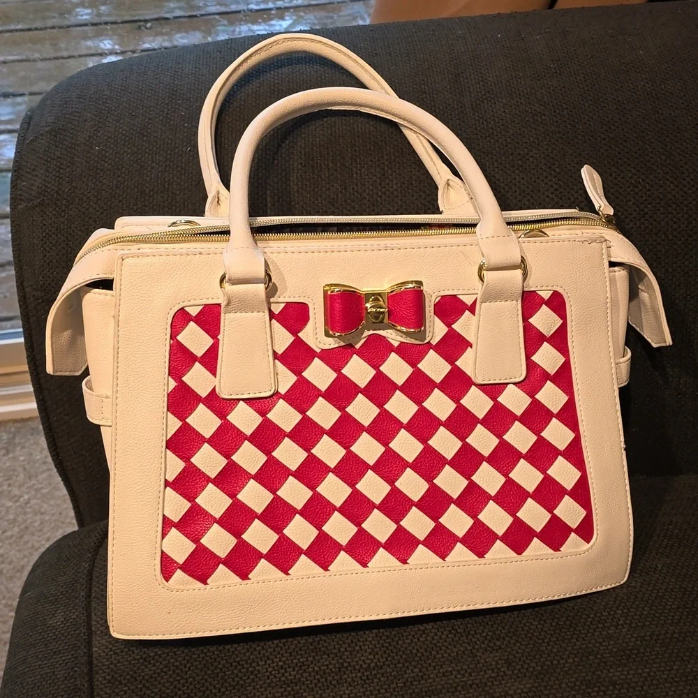 Betsey Johnson White Satchel with Pink Woven Panel & Bow